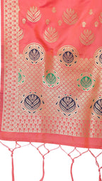 Mimosa Coral Peach & Gold-Toned Woven Design Dupatta | Grocsy