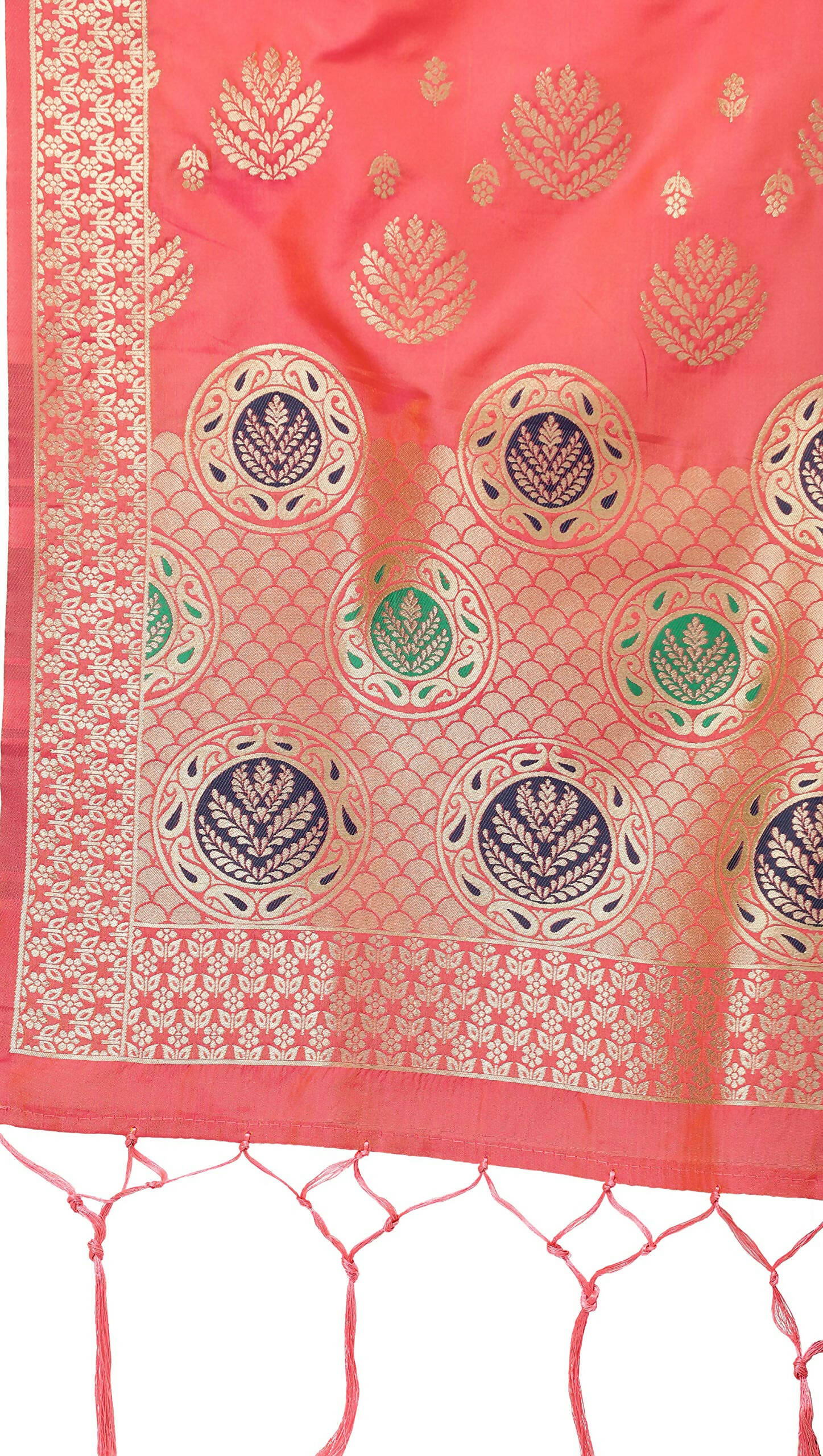Mimosa Coral Peach & Gold-Toned Woven Design Dupatta | Grocsy