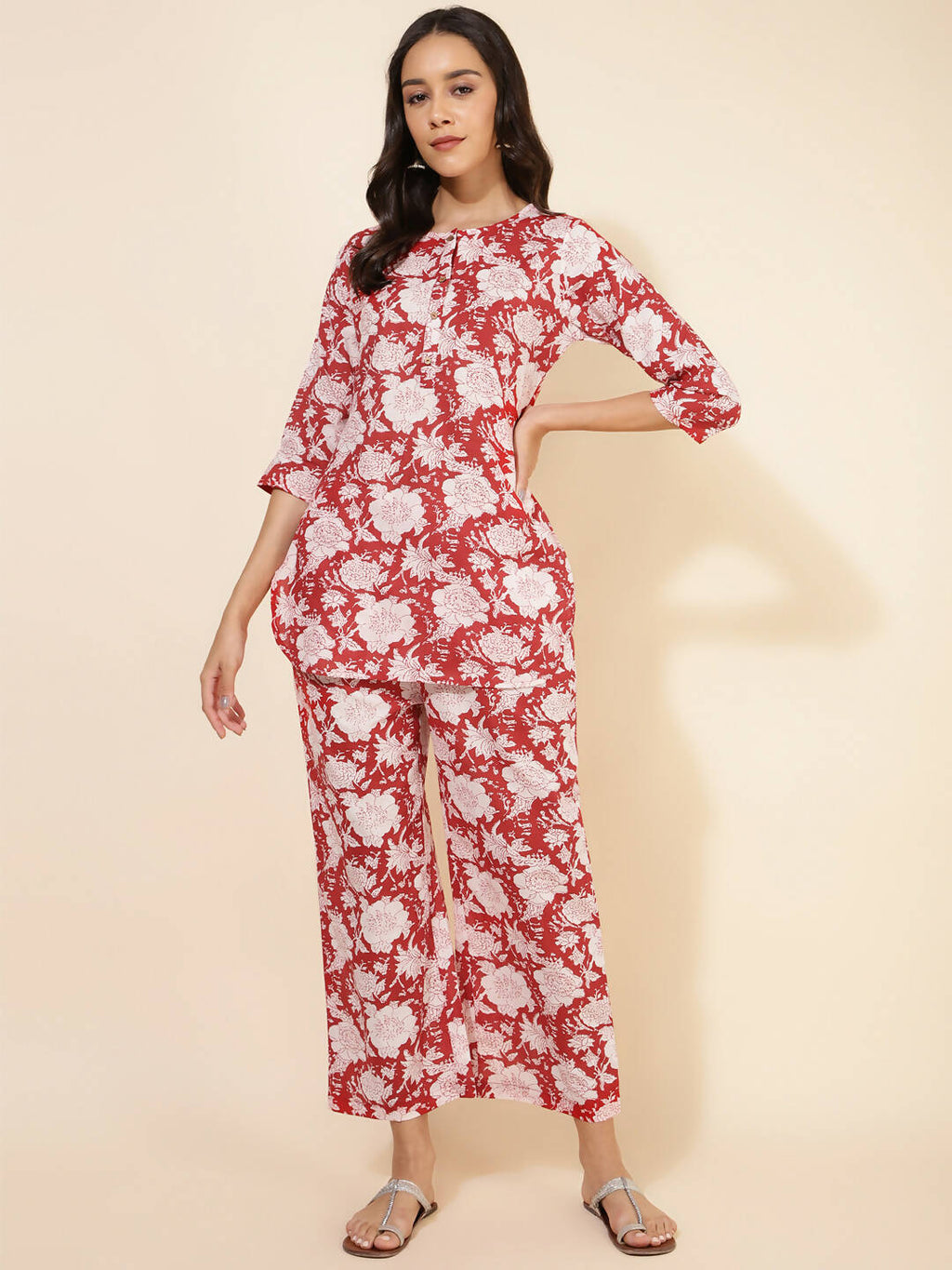 Janasya Women's Red Cotton Cambric Floral Printed Casual Straight Top Set | Grocsy