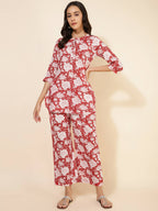 Janasya Women's Red Cotton Cambric Floral Printed Casual Straight Top Set | Grocsy