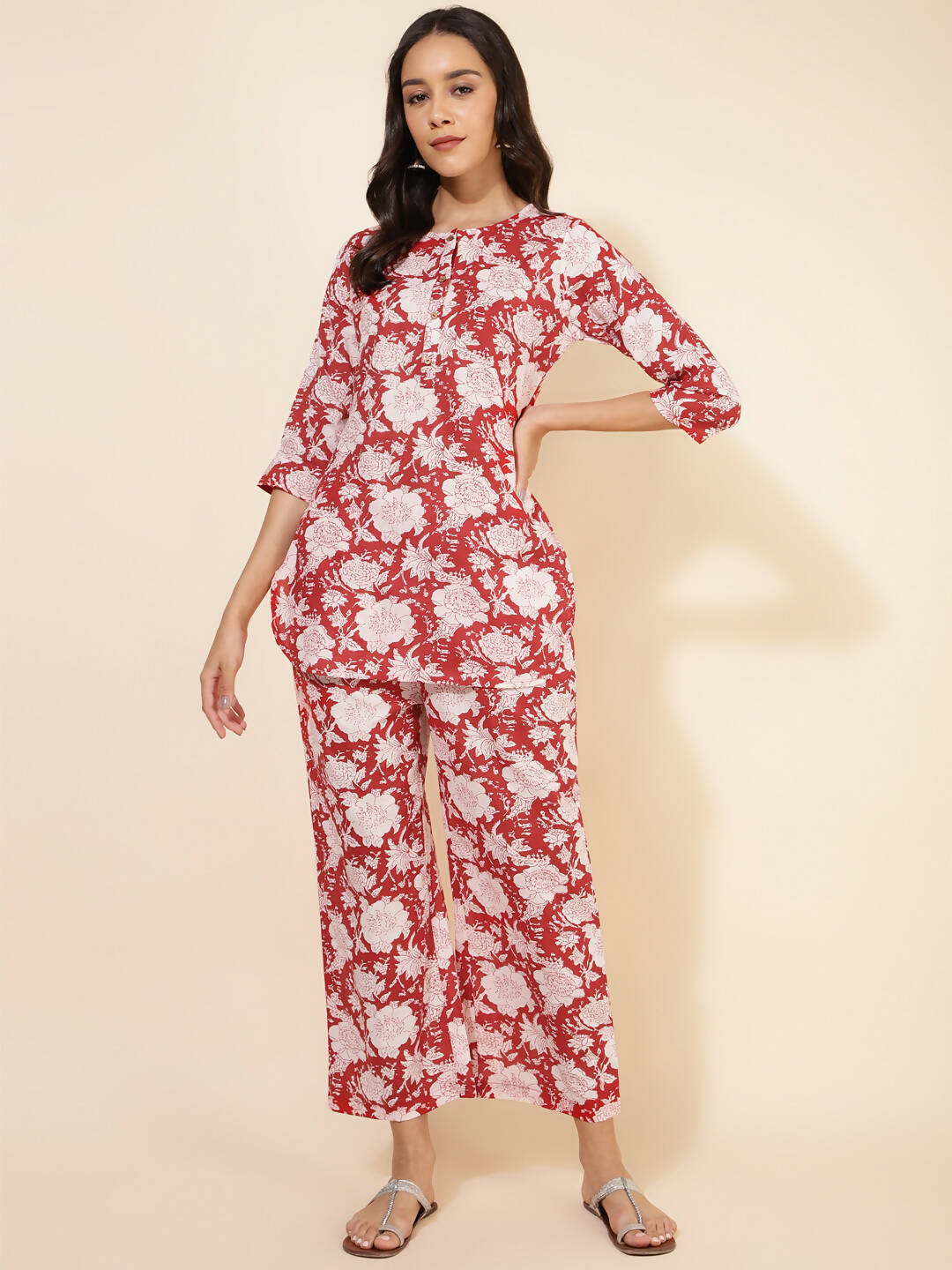 Janasya Women's Red Cotton Cambric Floral Printed Casual Straight Top Set | Grocsy
