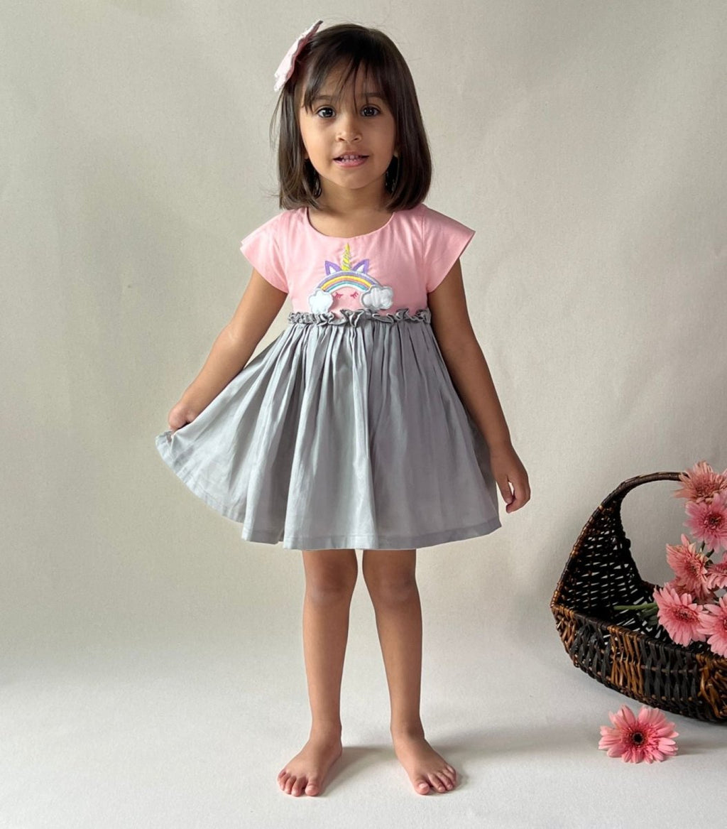 ArthLife Peach And Grey Unicorn Embroidered Dress | Grocsy