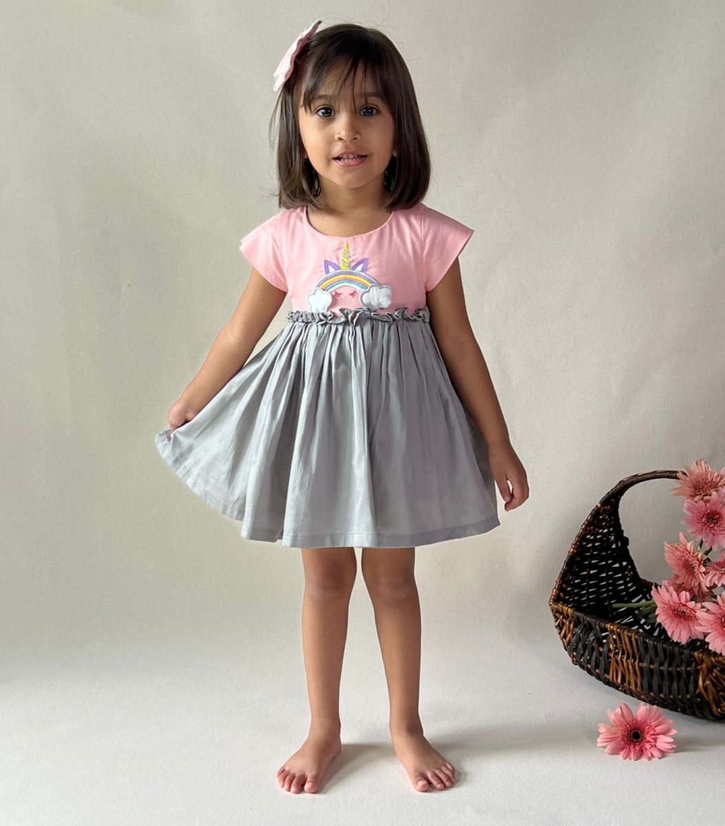 ArthLife Peach And Grey Unicorn Embroidered Dress | Grocsy
