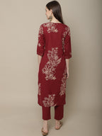 Sangria Women Maroon Floral Printed Pure Cotton Straight Kurta with Trousers | Grocsy