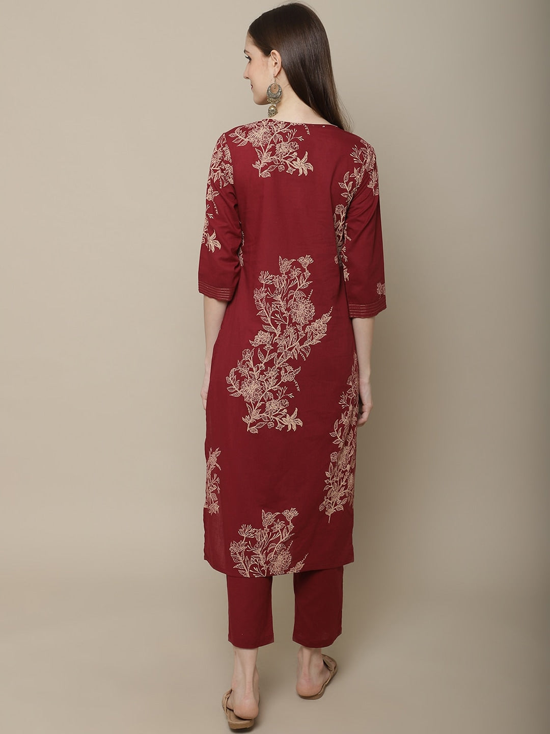 Sangria Women Maroon Floral Printed Pure Cotton Straight Kurta with Trousers | Grocsy