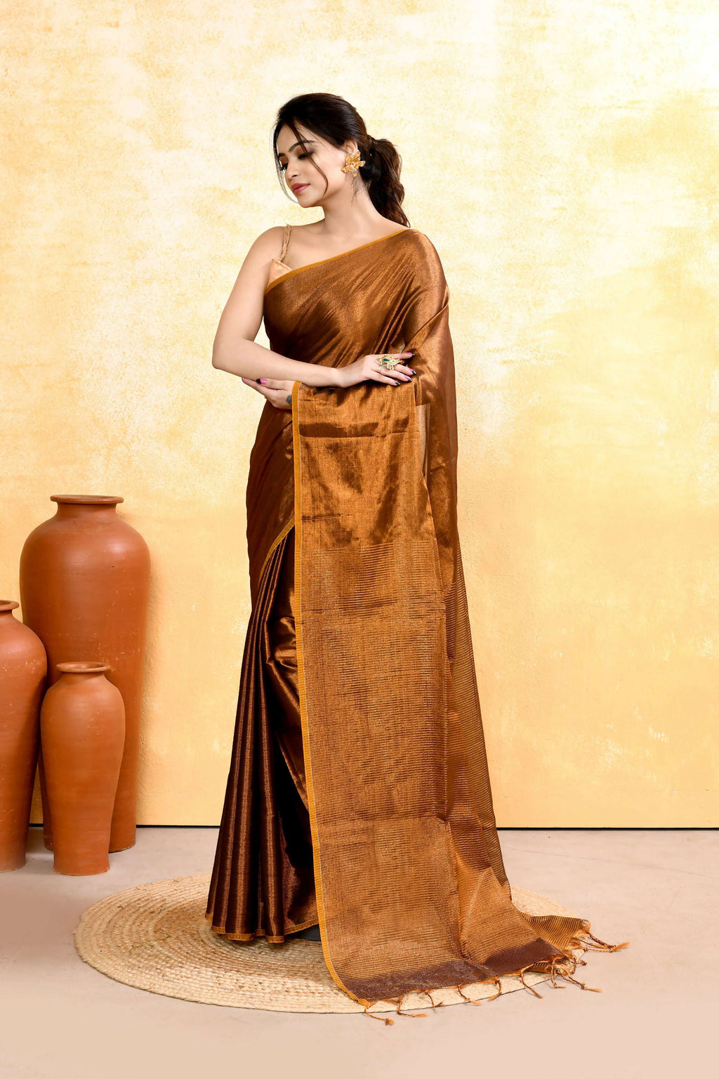 Piyari Fashion Women's Copper Dual Tone Organic Tissue Saree With Blouse Piece | Grocsy