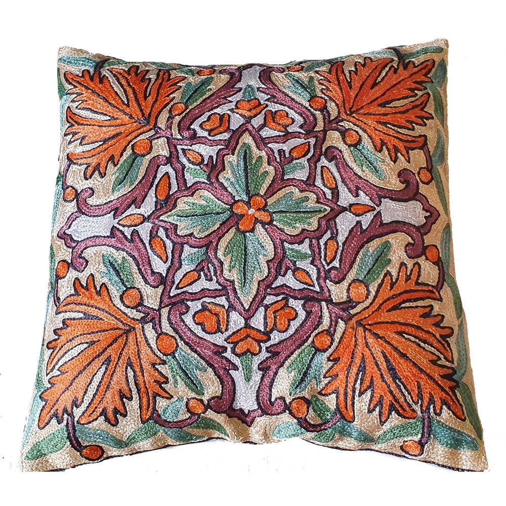 The Decor Nook Hand Embroidered Crewel Cushion Covers in Mustard & Chinar Leaf Motif with Teal Green Leaves | Grocsy
