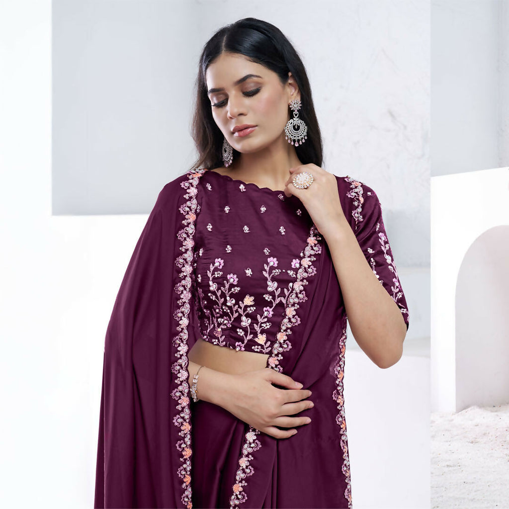Wine Crepe Satin Silk Dual Sequence With Moti Work Saree With Unstitched Blouse - Norita Swaraa | Grocsy