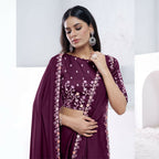 Wine Crepe Satin Silk Dual Sequence With Moti Work Saree With Unstitched Blouse - Norita Swaraa | Grocsy