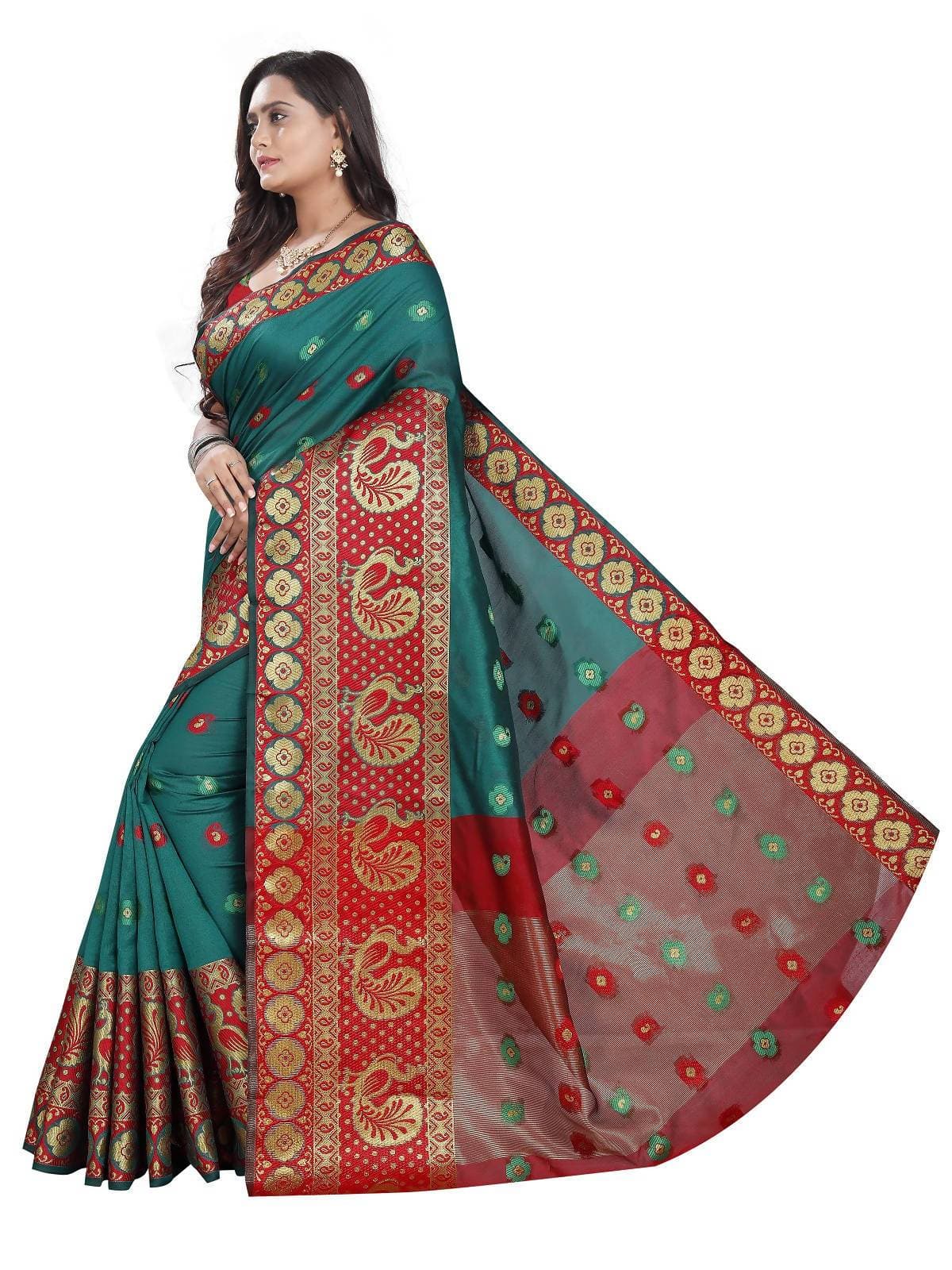 Vamika Banarasi Cotton Silk Rama Green Weaving Saree | Grocsy