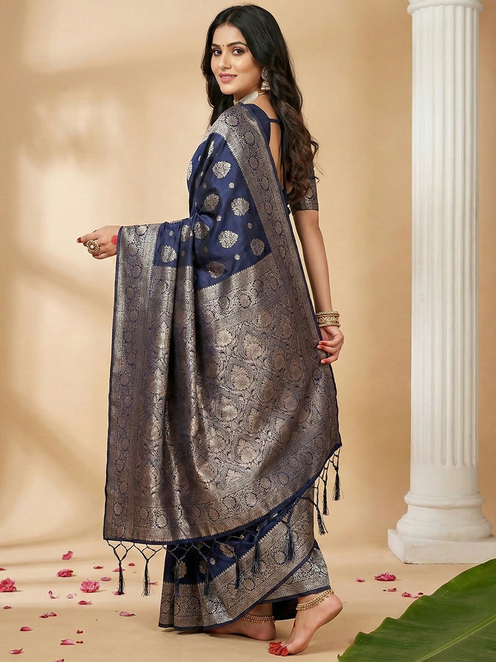 Shree Shyam Fashion Navy Blue Silk Blend Saree | Grocsy