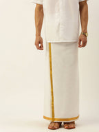Ramraj Cotton Mens Pure Cotton 1 Inch Gold Jari Dhoti - Cream | Grocsy
