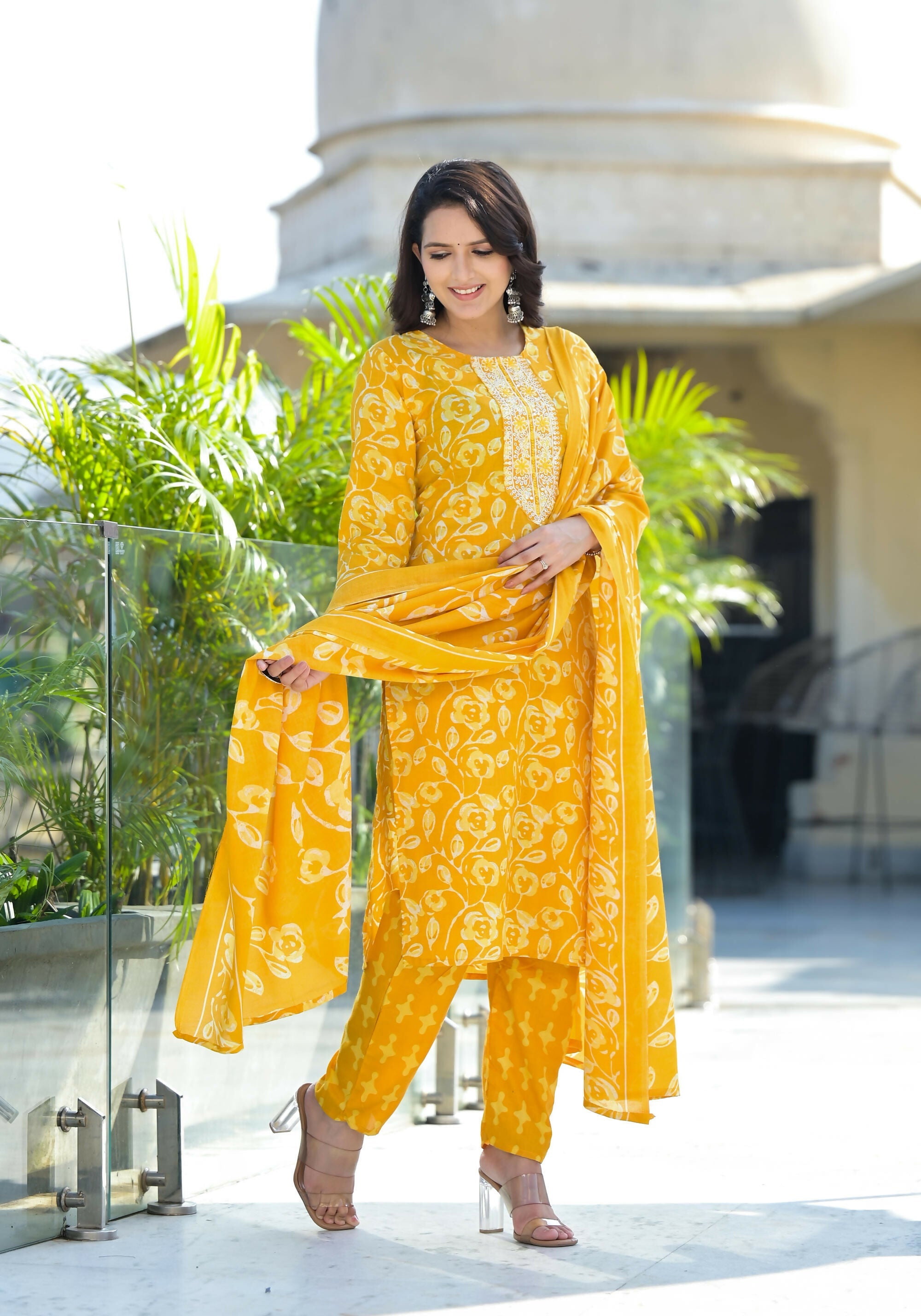 Juniper Women's Mustard Floral Printed Cotton Kurta Set With Thread Work & Sequins | Grocsy