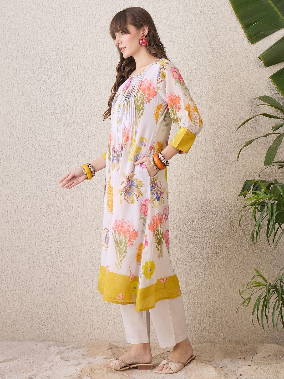 Indo Era Floral Printed Round Neck Pure Cotton Straight Kurta With Trouser | Grocsy