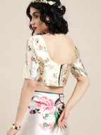 Saree Mall Cream-Coloured & Pink Satin Floral Block Print Saree | Grocsy
