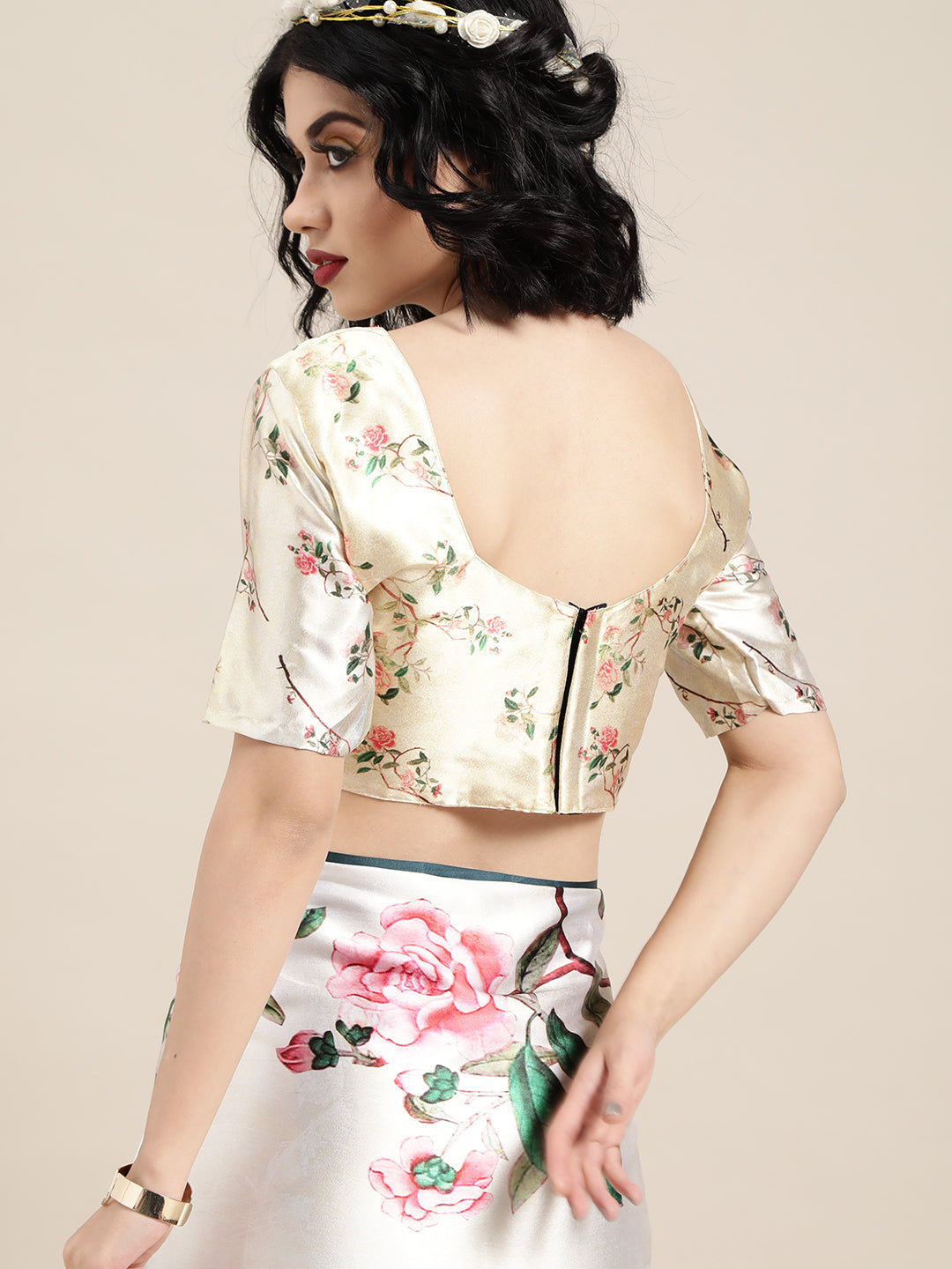 Saree Mall Cream-Coloured & Pink Satin Floral Block Print Saree | Grocsy