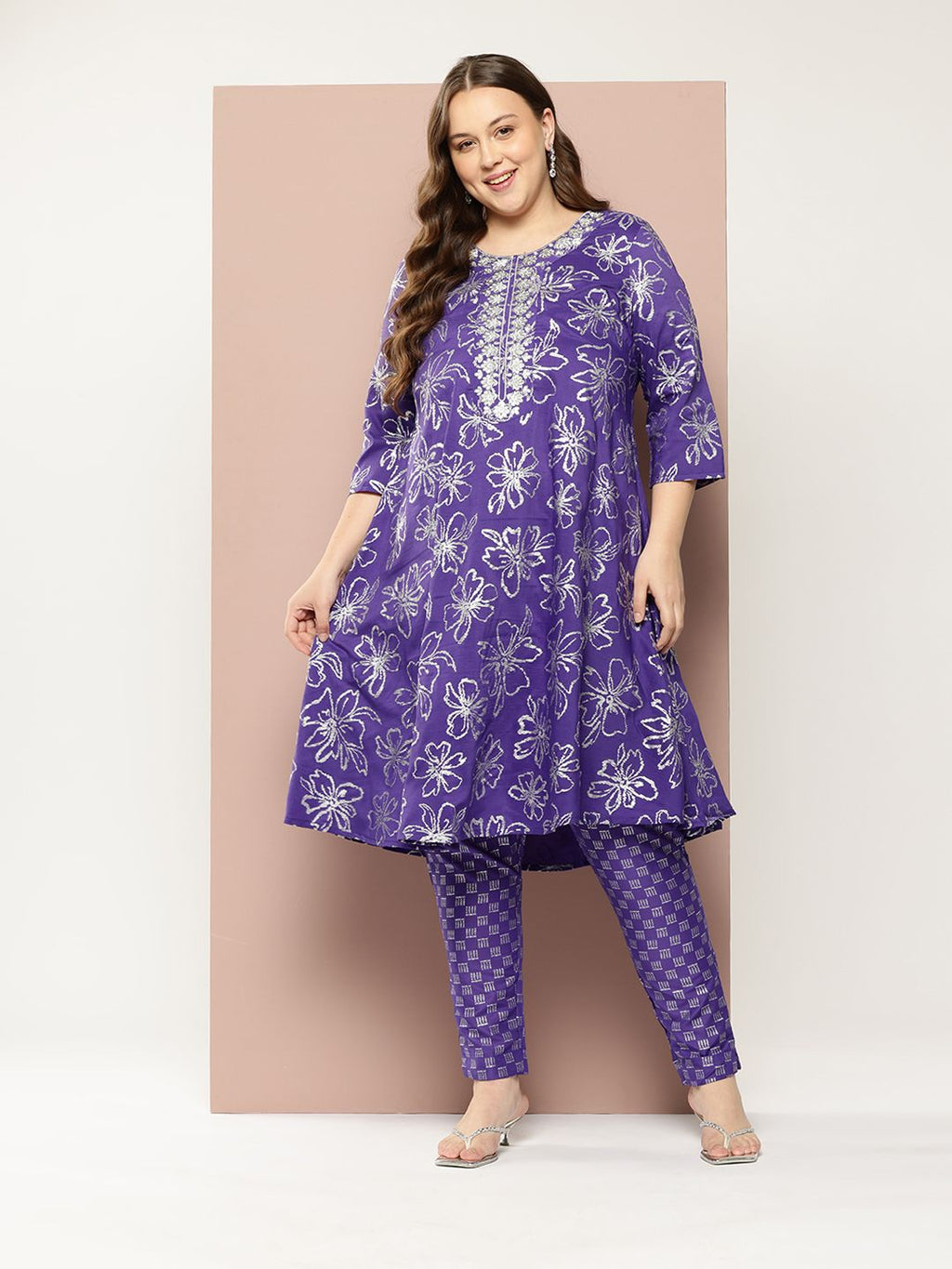 Sztori Plus Size Floral Printed Yoke Design Kurta with Trousers | Grocsy