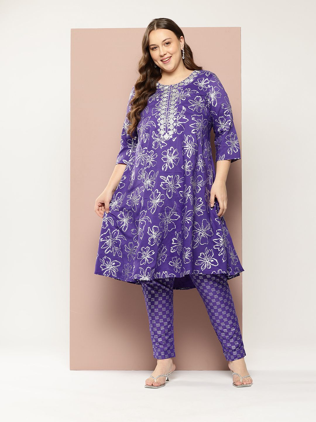 Sztori Plus Size Floral Printed Yoke Design Kurta with Trousers | Grocsy