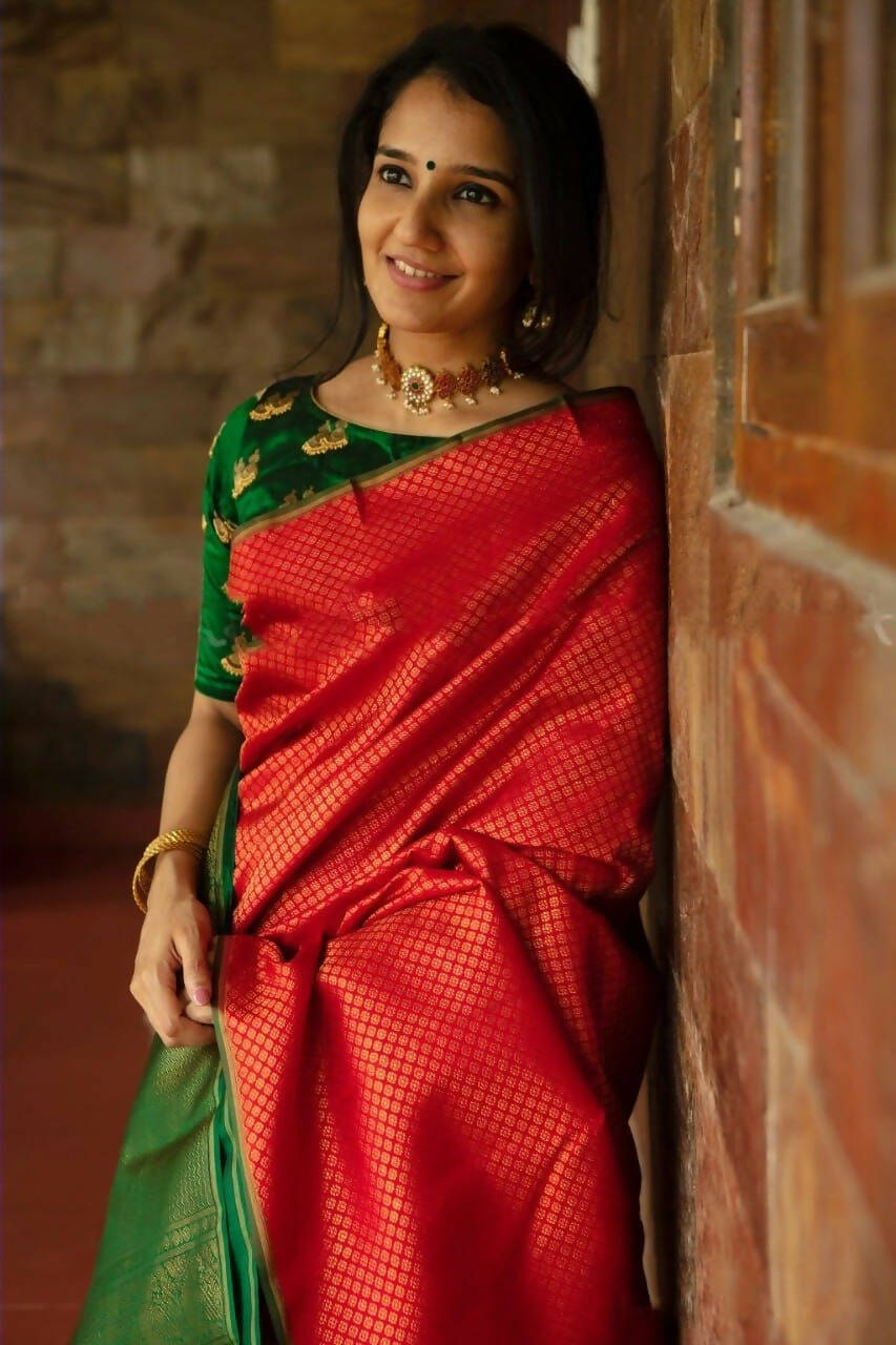 DEIANA'S Beautiful Designer Golden zari Soft Lichi Silk Saree - Red | Grocsy