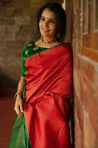DEIANA'S Beautiful Designer Golden zari Soft Lichi Silk Saree - Red | Grocsy