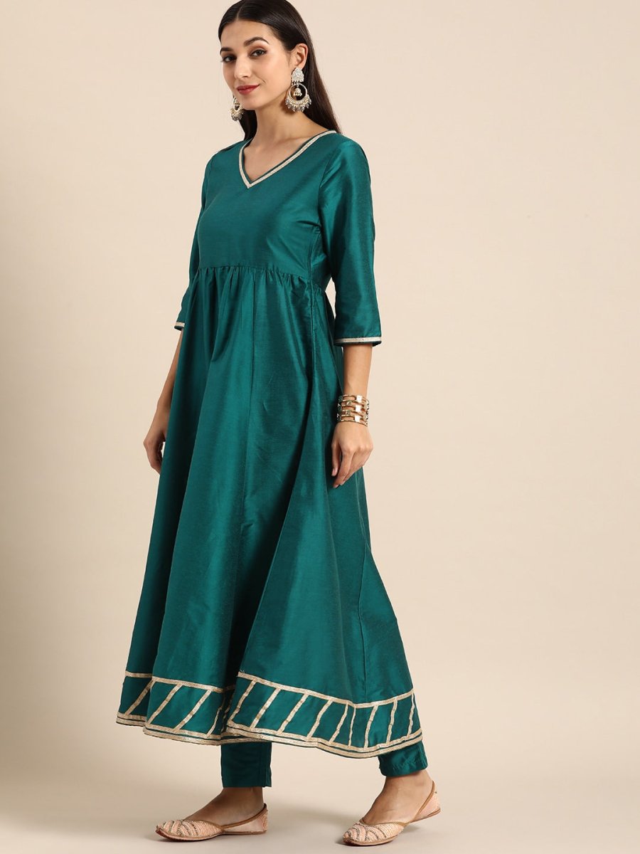 All About You Women Teal Green Solid V-Neck Anarkali Kurta with Trousers & Dupatta | Grocsy