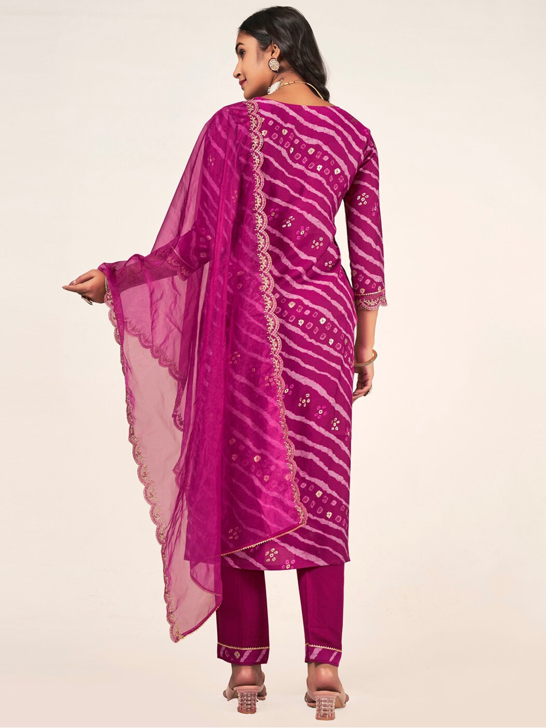 Sangria Leheriya Printed Embroidered Straight Kurta With Trousers & Dupatta | Grocsy