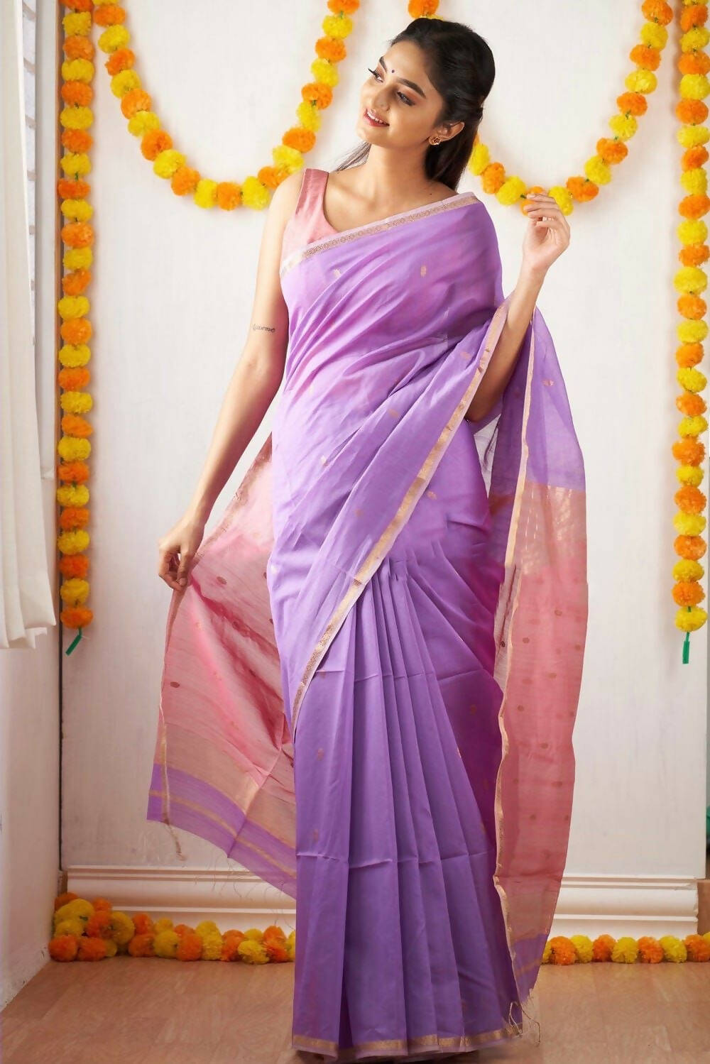 DEIANA'S Beautiful Designer Golden zari Soft Cotton Saree - Lavender | Grocsy