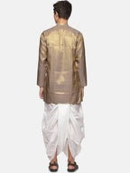 Sethukrishna Men Gold-Toned Bandhani Printed Art Silk Kurta with Dhoti Pants | Grocsy