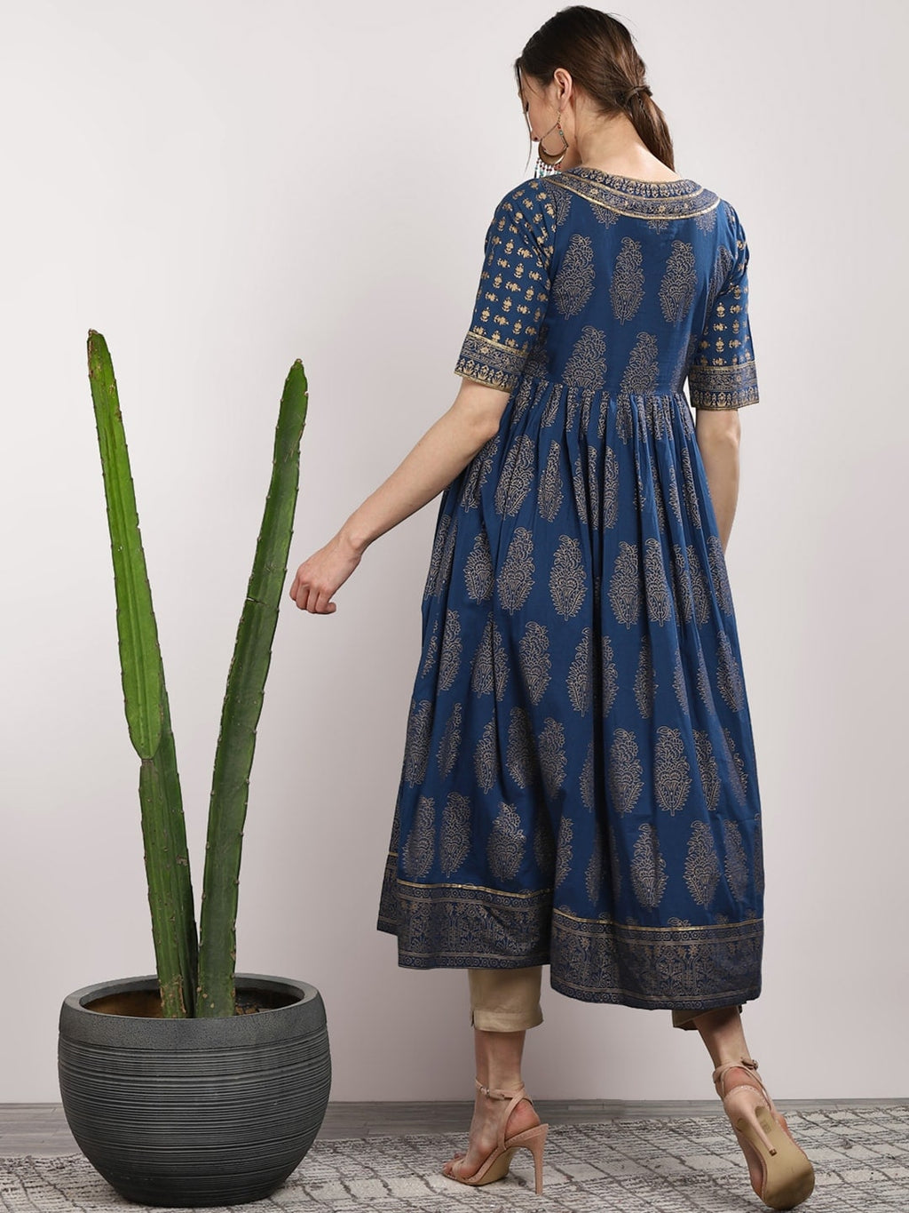 Sangria Women Navy Blue & Gold-Coloured Printed Anarkali Kurta | Grocsy