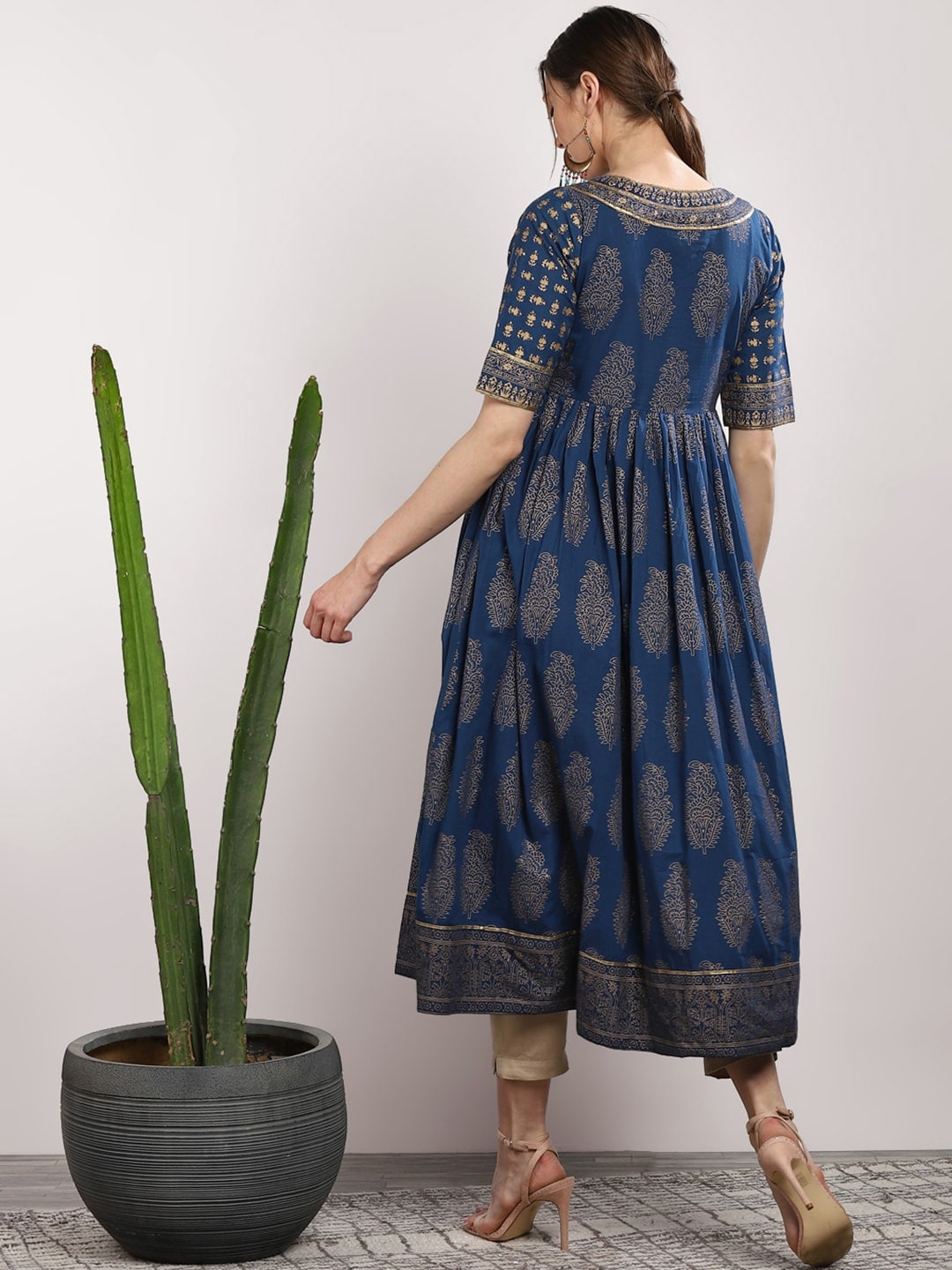 Sangria Women Navy Blue & Gold-Coloured Printed Anarkali Kurta | Grocsy