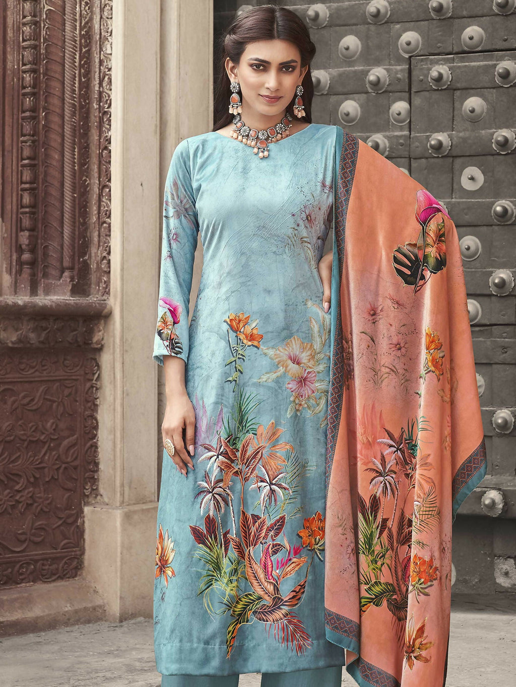 Jyoti Fashion Women's Sky Blue Velvet Floral Digital Printed Kurta with Trouser & Dupatta | Grocsy