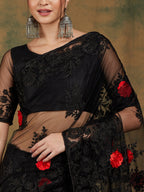 Sangria Black Floral Embroidered Saree | Grocsy