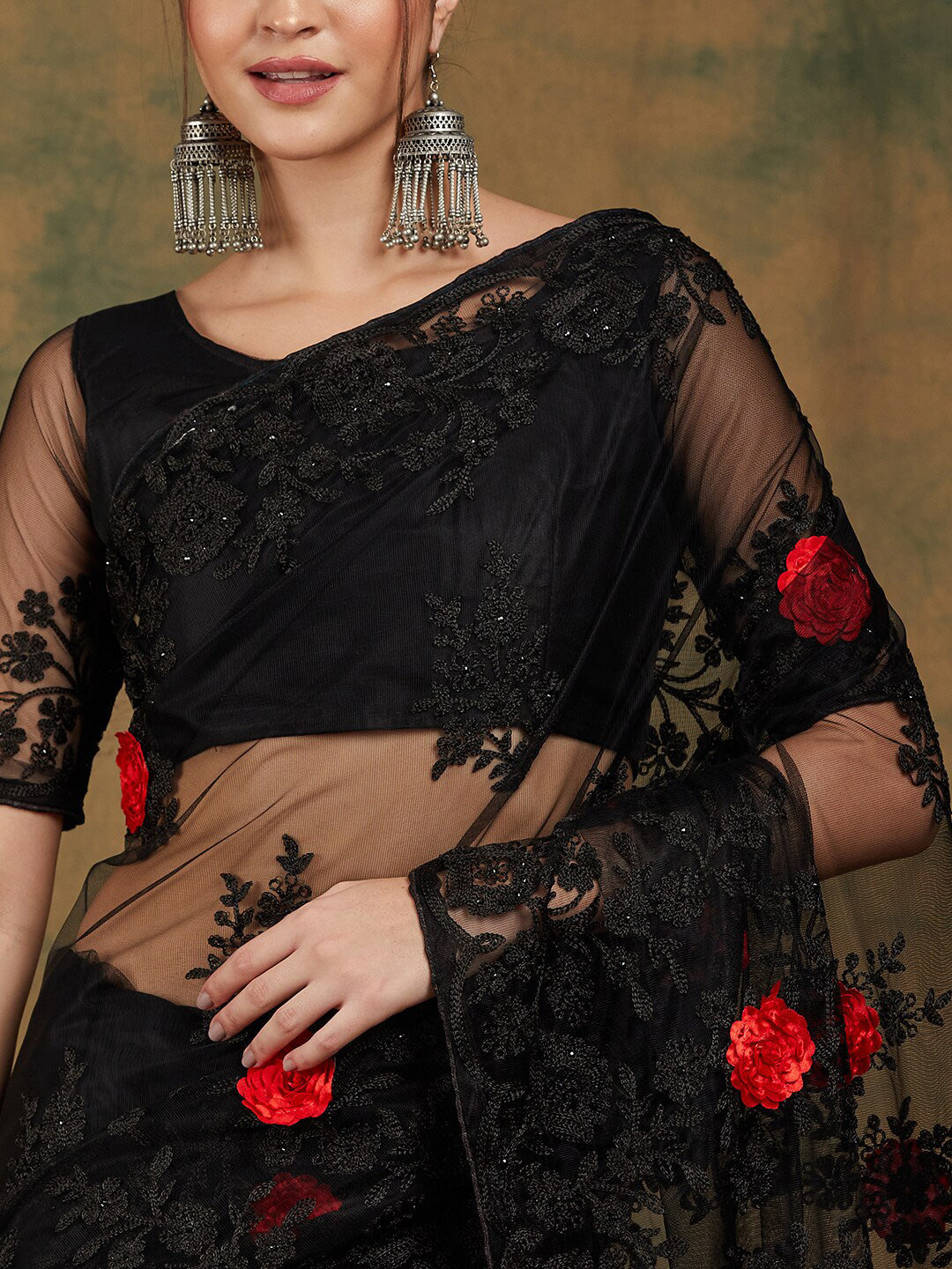 Sangria Black Floral Embroidered Saree | Grocsy