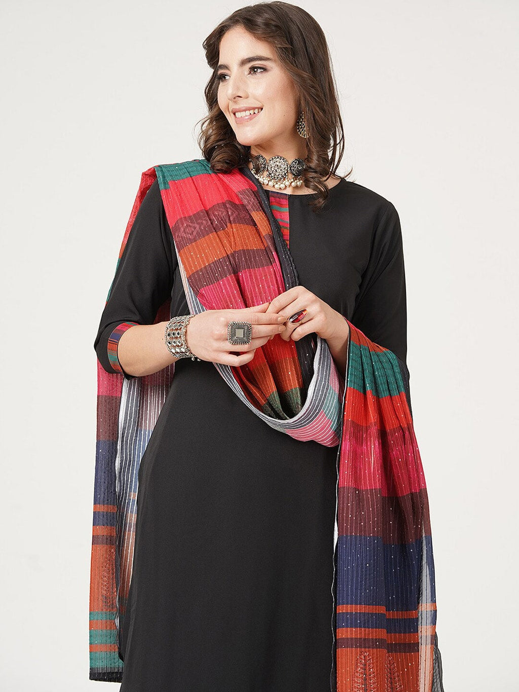 HERE&NOW Black And Red Straight Kurta with Trousers & With Dupatta | Grocsy