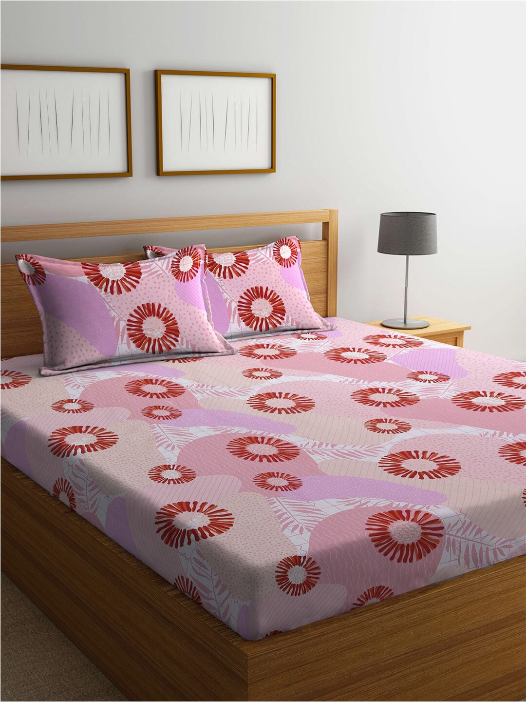 BOMBAY DYEING Serenita Pink Printed Cotton 144 TC Queen Bedsheet with 2 Pillow Covers | Grocsy