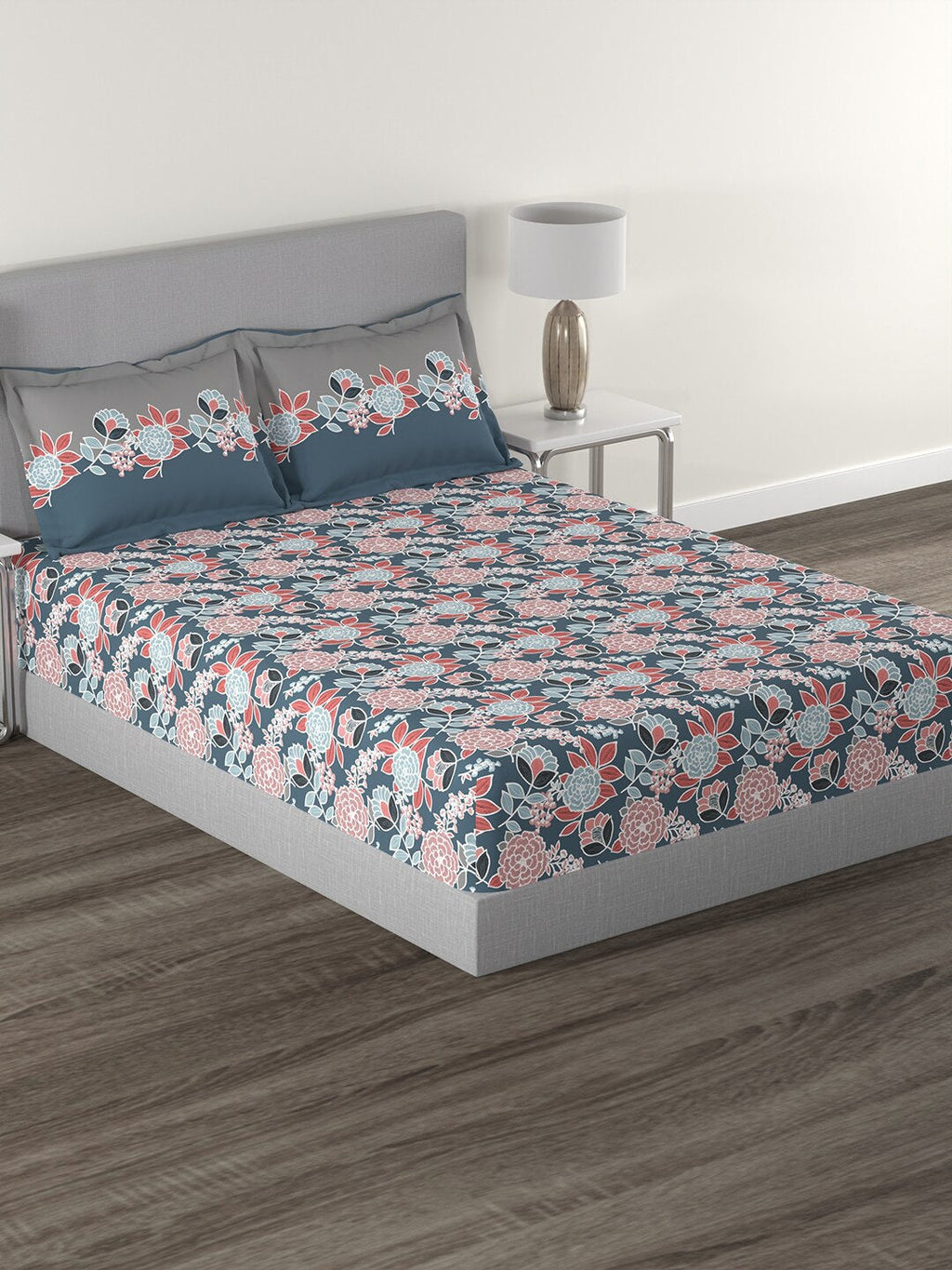 MYTRIDENT Blue Green Floral Cotton 144 TC Queen Bedsheet With 2 Pillow Covers | Grocsy
