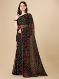 Sangria Black Floral Printed Gotta Patti Detail Pure Chiffon Saree | Grocsy