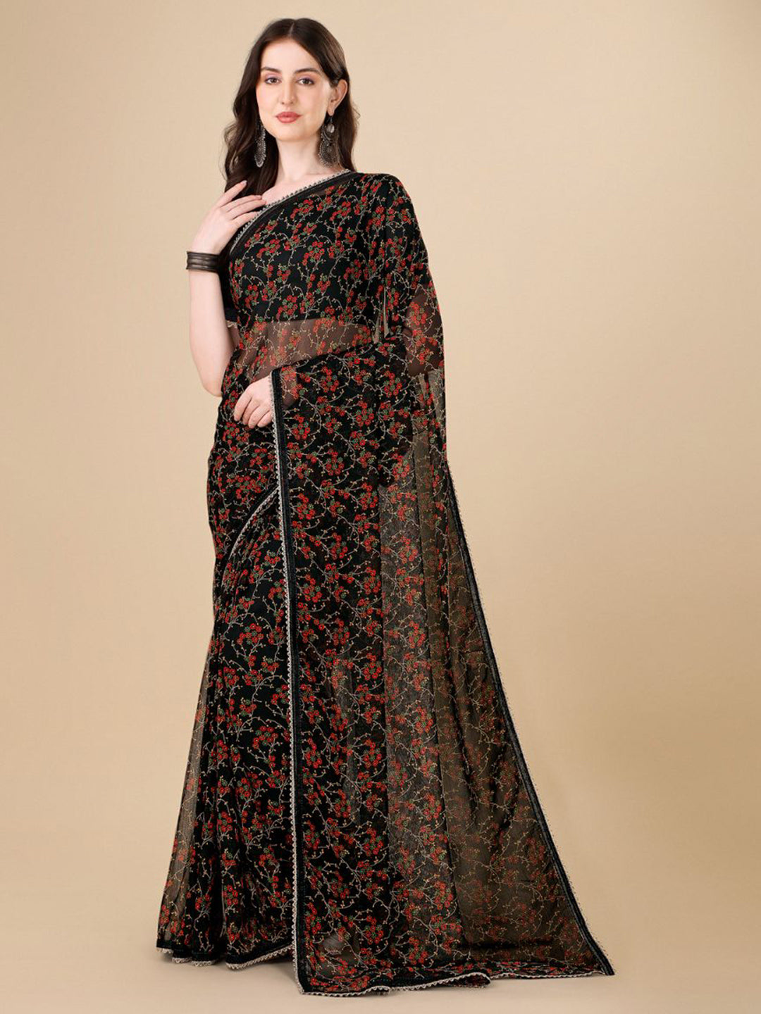Sangria Black Floral Printed Gotta Patti Detail Pure Chiffon Saree | Grocsy