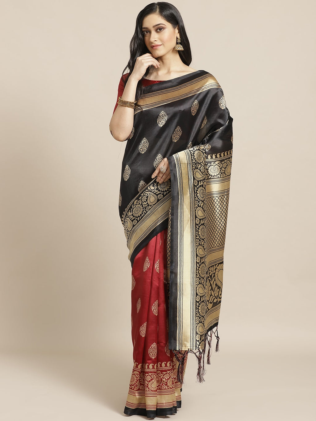 Saree Mall Black & Red Half & Half Printed Saree | Grocsy