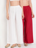 TAG 7 Women Set of 2 White & Red Solid Flared Palazzos | Grocsy