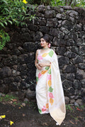 White Pure Silk Woven Design Saree with Unstitched Blouse - A2M | Grocsy