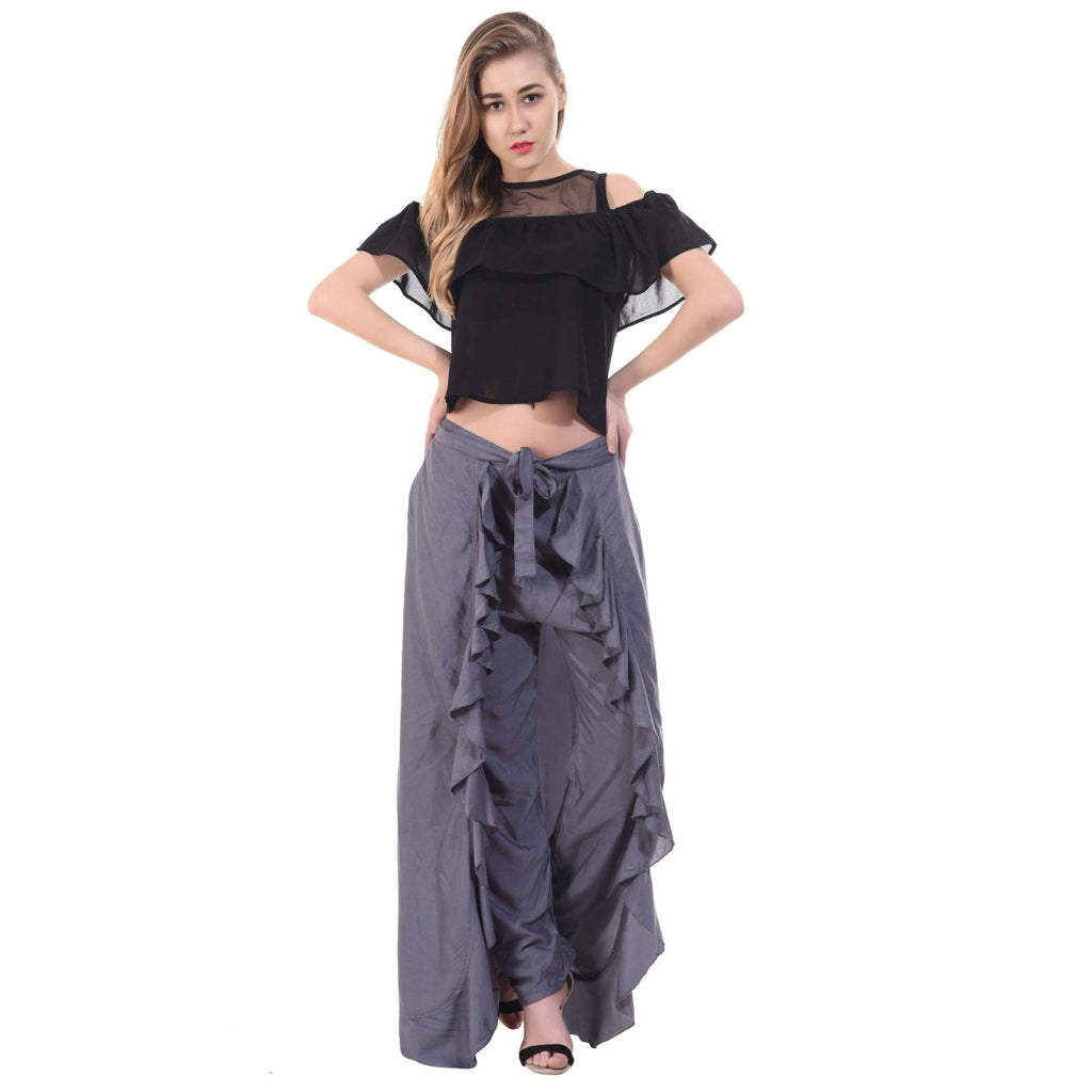 Asmaani Grey Color Plain Ruffle Palazzo | Grocsy
