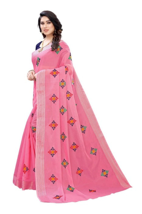 Vamika Chanderi Cotton Embroidery Pink Saree (Dixa Pink) | Grocsy