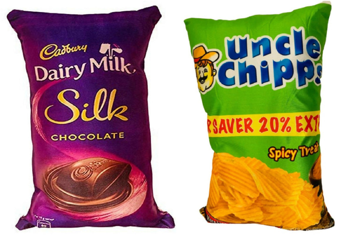 Unique Fashion Pack of 2 Microfibre Filled Reversible Cushion For Kids - Dairy Milk Silk And Uncle Chips | Grocsy