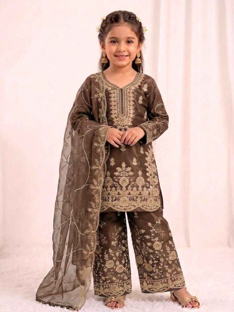 Teeya Creation Girls Heavy Embroidery Brown Ethnic Kurta And Palazzo Set With Net Dupatta | Grocsy