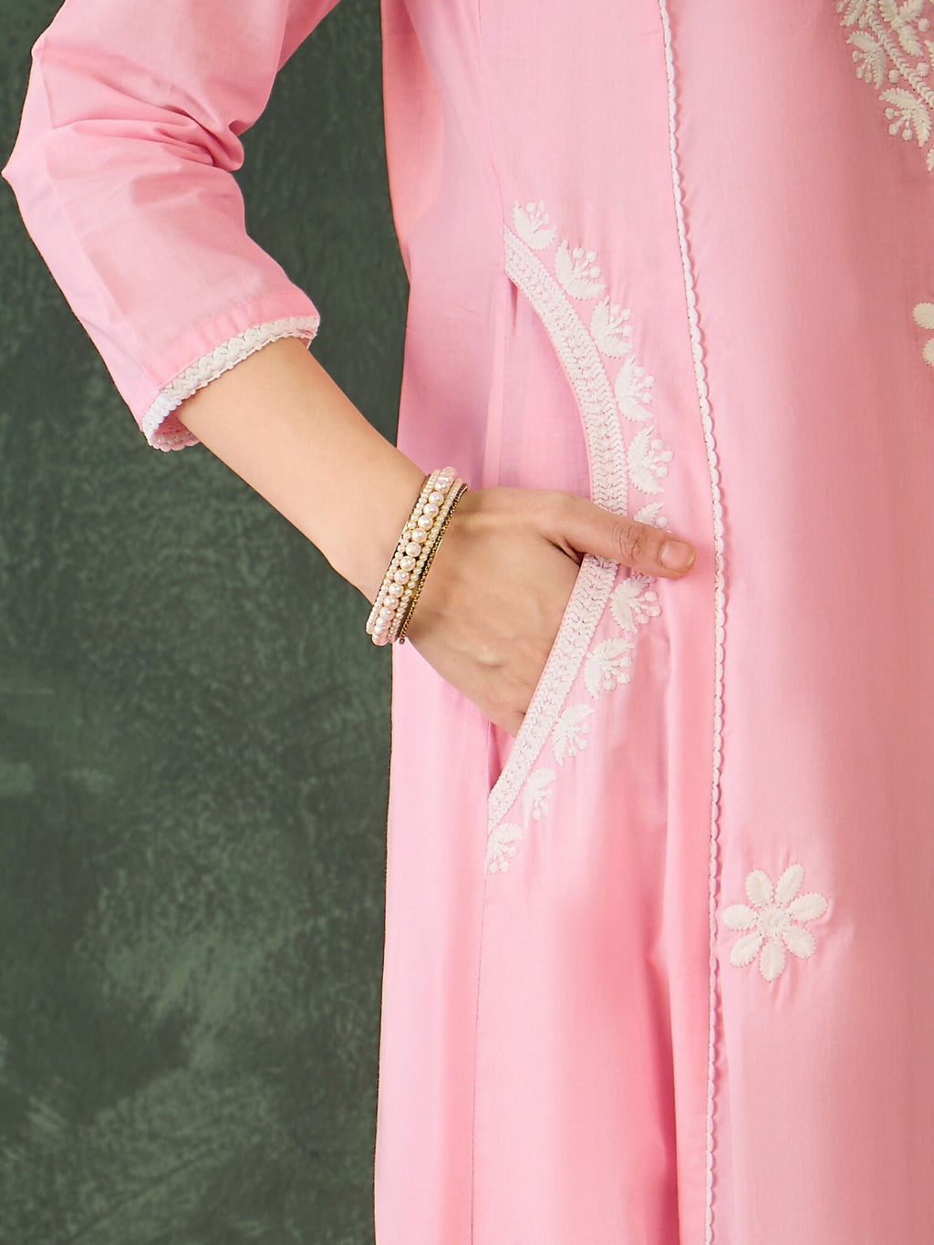 The52 Women's Beautiful Thread Work Cotton satin Fabric Flared Kurta Pant and Dupatta Set-Peach | Grocsy