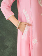 The52 Women's Beautiful Thread Work Cotton satin Fabric Flared Kurta Pant and Dupatta Set-Peach | Grocsy