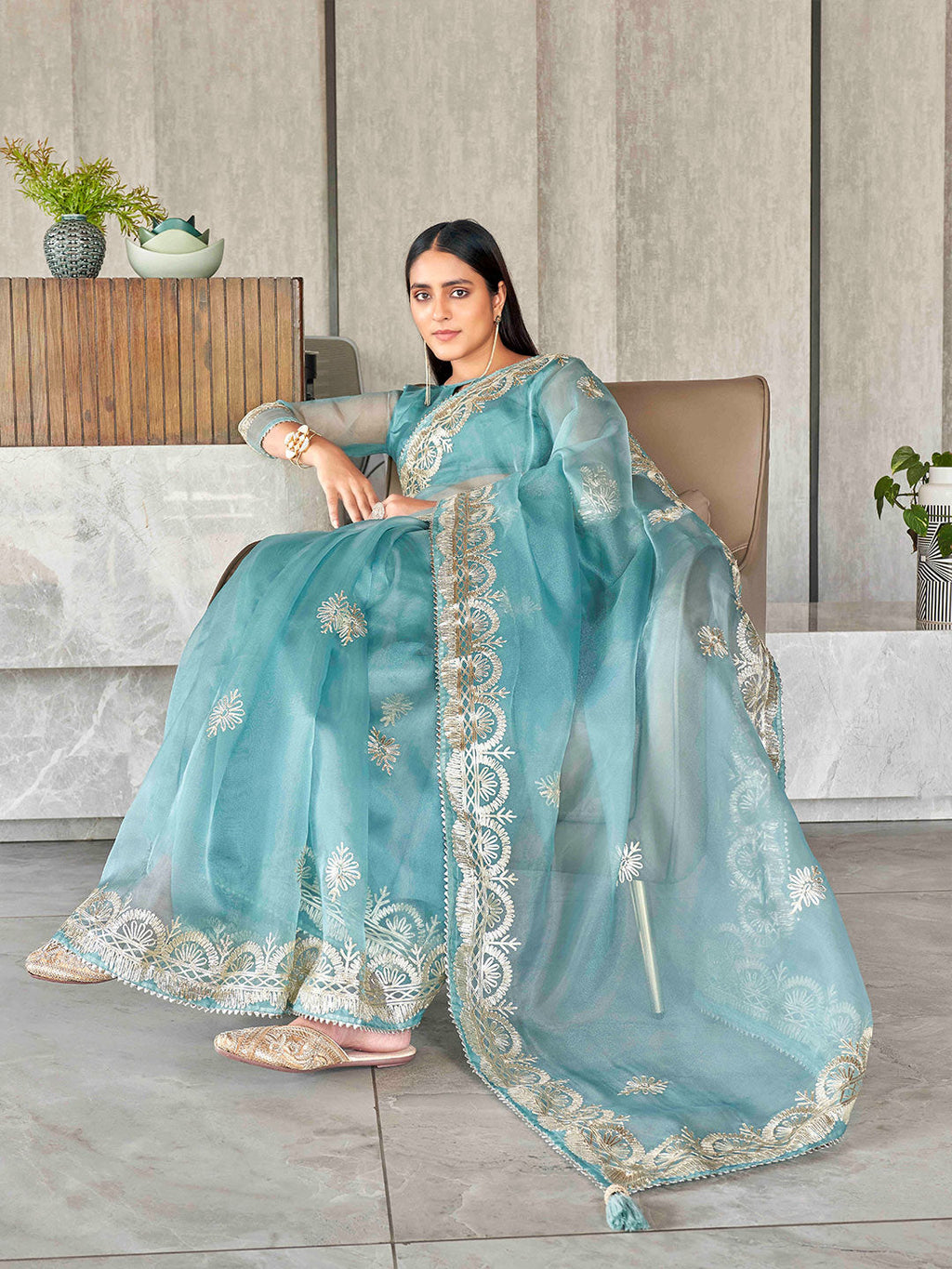 Tikhi Imli Floral Gotta Patti Organza Heavy Work Saree | Grocsy