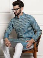 Sojanya Men Blue & Beige Ethnic Motif Printed Jacquard Silk Kurta | Grocsy