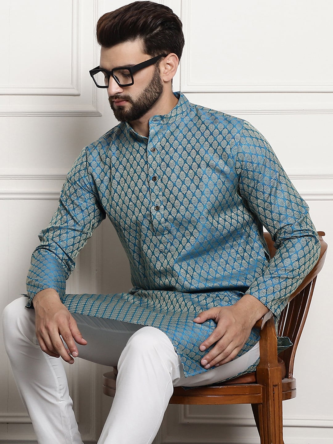 Sojanya Men Blue & Beige Ethnic Motif Printed Jacquard Silk Kurta | Grocsy